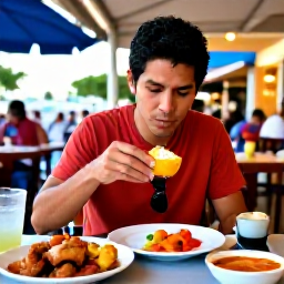 Caribbean Holidays, Puerto Rico Solo, Solo traveller enjoying colourful Puerto Rican food at an outdoor restaurant in San Juan during a warm September evening