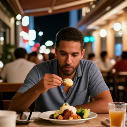 Caribbean Holidays, Puerto Rico Solo, Solo traveller enjoying Puerto Rican food at a lively outdoor restaurant in San Juan during a warm evening
