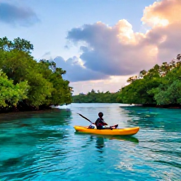 Caribbean Holidays, Puerto Rico Solo, Solo traveller kayaking through calm bioluminescent bay water near Puerto Rico at dusk, surrounded by mangroves and tropical scenery