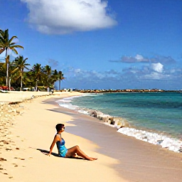 Caribbean Holidays, Puerto Rico Solo, Solo traveller relaxing on a golden beach in Puerto Rico with turquoise water, palm trees and gentle July waves