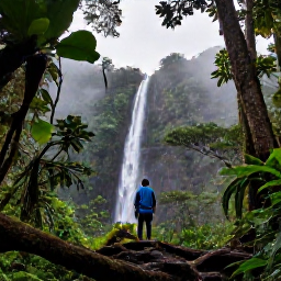 Caribbean Holidays, Puerto Rico Solo, Solo visitor hiking through El Yunque National Forest in October, with lush tropical foliage, a waterfall and misty green mountains