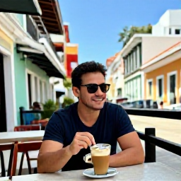Caribbean Holidays, Puerto Rico Solo, Traveller enjoying coffee at an outdoor caf&eacute; in Old San Juan, surrounded by colourful colonial architecture and relaxed local life