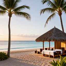 Caribbean Holidays, Puerto Rico Spa Breaks, A tranquil beachfront spa in Puerto Rico at sunrise, with treatment rooms, palms and calm turquoise sea