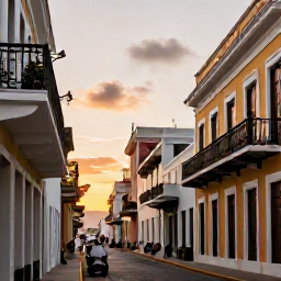 Caribbean Holidays, Puerto Rico Spa Breaks, Colourful streets of Old San Juan in Puerto Rico at sunset, with historic buildings, balconies and visitors enjoying the warm August evening