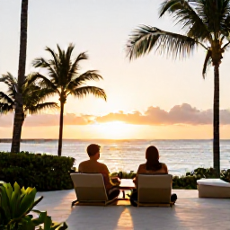 Caribbean Holidays, Puerto Rico Spa Breaks, Couple enjoying a peaceful sunset from a Puerto Rico resort terrace, with palm trees, ocean views and warm August light