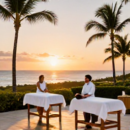 Caribbean Holidays, Puerto Rico Spa Breaks, Couple enjoying a relaxed sunset on a Puerto Rico resort terrace after a spa treatment, with palm trees and ocean views
