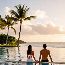 Caribbean Holidays, Puerto Rico Spa Breaks, Couple relaxing beside an infinity pool overlooking a Puerto Rican beach, with palm trees and soft afternoon light