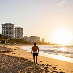 Caribbean Holidays, Puerto Rico Spa Breaks, Couple walking on a golden beach near San Juan, Puerto Rico, at sunset
