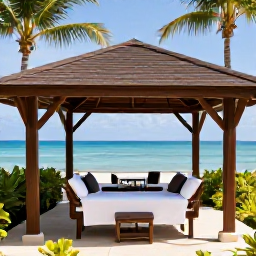 Caribbean Holidays, Puerto Rico Spa Breaks, Elegant beachfront spa in Puerto Rico with open-air treatment pavilion, palm trees and turquoise sea beyond