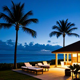 Caribbean Holidays, Puerto Rico Spa Breaks, Elegant Puerto Rican spa resort at dusk, warmly lit beside a calm tropical sea with palm trees in silhouette