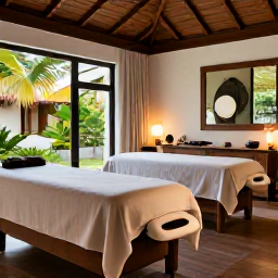 Caribbean Holidays, Puerto Rico Spa Breaks, Elegant Puerto Rico spa interior with massage beds, soft lighting, natural wood and tropical greenery