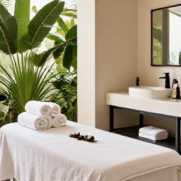 Caribbean Holidays, Puerto Rico Spa Breaks, Elegant Puerto Rico spa treatment room with natural light, towels, oils and tropical greenery, creating a calm August holiday atmosphere