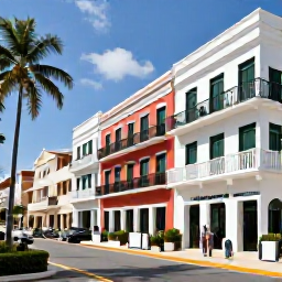 Caribbean Holidays, Puerto Rico Spa Breaks, Elegant San Juan street scene near a spa hotel, colourful colonial buildings, palm trees and visitors exploring in April