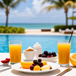 Caribbean Holidays, Puerto Rico Spa Breaks, Healthy Caribbean breakfast beside a Puerto Rico pool, colourful tropical fruit, fresh juice and relaxed resort surroundings