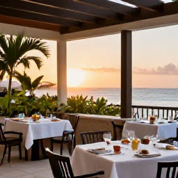 Caribbean Holidays, Puerto Rico Spa Breaks, Outdoor dining terrace in Puerto Rico at sunset with Caribbean dishes, tropical plants and relaxed holiday atmosphere