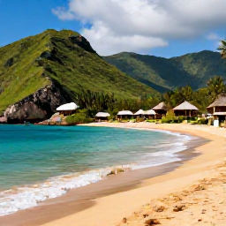 Caribbean Holidays, Puerto Rico Spa Breaks, Puerto Rico coastline near a spa resort, showing golden sand, clear water and lush green hills under a bright sky