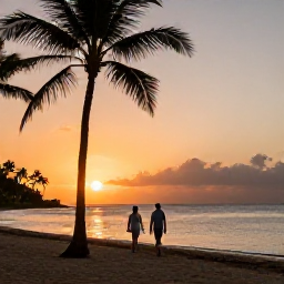 Caribbean Holidays, Puerto Rico Spa Breaks, Quiet Puerto Rico beach at sunset with a couple walking beside palm trees after a spa day