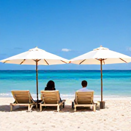 Caribbean Holidays, Puerto Rico Spa Breaks, Quiet Puerto Rico beach beside a luxury resort, with a couple relaxing under umbrellas, turquoise water and bright August sunshine