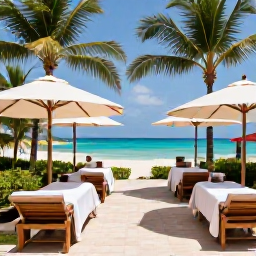 Caribbean Holidays, Puerto Rico Spa Breaks, Relaxing luxury spa setting at a Puerto Rico beach resort in August, with palm trees, treatment rooms and a glimpse of the Caribbean Sea