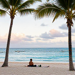Caribbean Holidays, Puerto Rico Spa Breaks, Traveller relaxing on a quiet sandy beach in Puerto Rico with turquoise water, palm trees and soft evening light