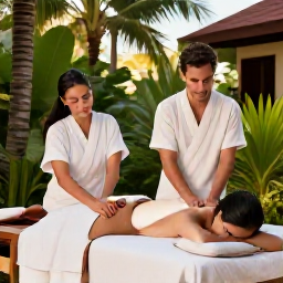 Caribbean Holidays, Puerto Rico Spas, A couple enjoying a peaceful massage beside a tropical garden in Puerto Rico, with soft natural light and lush greenery
