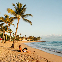 Caribbean Holidays, Puerto Rico Spas, A quiet Puerto Rico beach with golden sand, palm trees and a traveller relaxing near the water in warm November weather