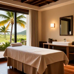 Caribbean Holidays, Puerto Rico Spas, A serene luxury spa surrounded by tropical palms in Puerto Rico, with warm sunlight and inviting treatment rooms