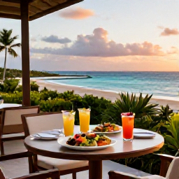 Caribbean Holidays, Puerto Rico Spas, A stylish Puerto Rico resort terrace at sunset with a healthy dinner, tropical drinks and views across the Caribbean Sea