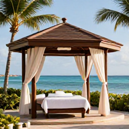 Caribbean Holidays, Puerto Rico Spas, An elegant Puerto Rico resort spa with an outdoor treatment pavilion, palm trees and a calm turquoise sea in the background