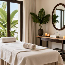 Caribbean Holidays, Puerto Rico Spas, An elegant Puerto Rico spa treatment room with natural light, soft towels, candles and tropical greenery