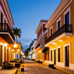 Caribbean Holidays, Puerto Rico Spas, Colourful evening street in Old San Juan, Puerto Rico, with warm lights, local restaurants and historic colonial buildings