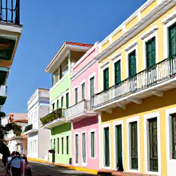 Caribbean Holidays, Puerto Rico Spas, Colourful Old San Juan street near a Puerto Rico spa hotel, with pastel buildings, balconies and visitors exploring in warm July sunshine