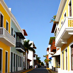Caribbean Holidays, Puerto Rico Spas, Colourful Old San Juan street with colonial buildings, balconies and palm trees on a sunny February day