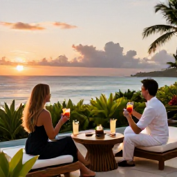 Caribbean Holidays, Puerto Rico Spas, Couple enjoying a quiet Puerto Rico spa terrace overlooking the sea at sunset, with herbal drinks and tropical plants