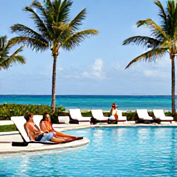 Caribbean Holidays, Puerto Rico Spas, Couple relaxing beside a pool at a Puerto Rico spa resort, with palm trees, loungers and ocean views in June sunshine