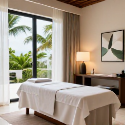 Caribbean Holidays, Puerto Rico Spas, Elegant Puerto Rico spa resort treatment room with soft natural light, tropical greenery and calming neutral colours
