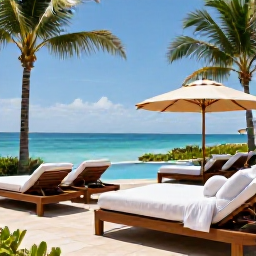 Caribbean Holidays, Puerto Rico Spas, Elegant Puerto Rico spa resort with an outdoor treatment terrace, palm trees, comfortable loungers and views towards the Caribbean Sea