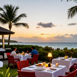 Caribbean Holidays, Puerto Rico Spas, Friendly Puerto Rico restaurant terrace at sunset, fresh Caribbean food, tropical greenery and relaxed diners overlooking the sea