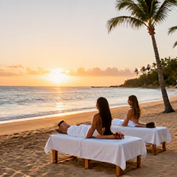 Caribbean Holidays, Puerto Rico Spas, Happy couple relaxing at a Puerto Rico beach resort at sunset after a spa treatment, tropical shoreline and warm evening light