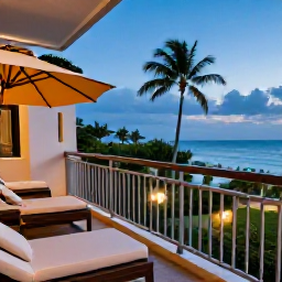 Caribbean Holidays, Puerto Rico Spas, Luxury Puerto Rico spa resort balcony overlooking tropical gardens and the Caribbean Sea, prepared for a peaceful evening