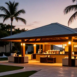 Caribbean Holidays, Puerto Rico Spas, Outdoor restaurant in Puerto Rico at sunset, serving fresh seafood and tropical dishes beside a warmly lit spa resort