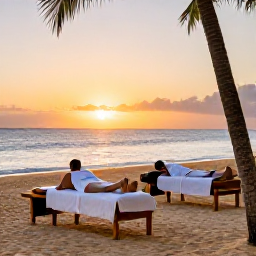 Caribbean Holidays, Puerto Rico Spas, Palm-fringed Puerto Rico beach at sunset with a couple relaxing after a spa treatment
