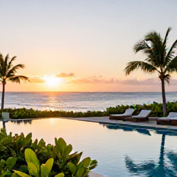 Caribbean Holidays, Puerto Rico Spas, Peaceful Puerto Rico resort pool overlooking the Caribbean Sea at sunrise, with loungers and tropical plants