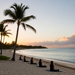 Caribbean Holidays, Puerto Rico Spas, Quiet Puerto Rico beach at sunrise with a yoga group on the sand, palm trees, calm turquoise water and soft golden light