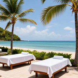 Caribbean Holidays, Puerto Rico Spas, Relaxing beachfront spa in Puerto Rico during June, with treatment beds, tropical palms and calm turquoise sea