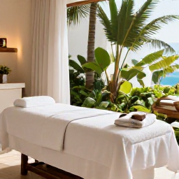 Caribbean Holidays, Puerto Rico Spas, Relaxing luxury spa treatment in a bright Puerto Rico resort, tropical plants, soft natural light and a calm Caribbean atmosphere