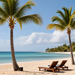Caribbean Holidays, Puerto Rico Spas, Sunlit Puerto Rico beach beside a luxury spa resort in July, with palm trees, calm turquoise water and comfortable loungers
