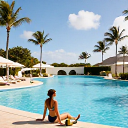 Caribbean Holidays, Puerto Rico Spas, Traveller relaxing beside a turquoise Caribbean pool in Puerto Rico, with palm trees and a sunny October sky
