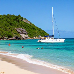 Caribbean Holidays, Puerto Rico Tours, Catamaran sailing beside a tropical Puerto Rico beach with turquoise water, snorkellers and green coastal hills