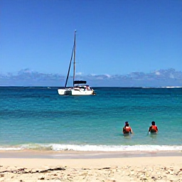 Caribbean Holidays, Puerto Rico Tours, Catamaran sailing past a sandy Puerto Rican beach with snorkellers enjoying clear blue Caribbean water